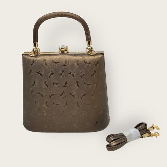 Vintage Shoe Lady Print Crossbody or Clutch Mini Purse Embossed Bronze - Picture 1 of 10